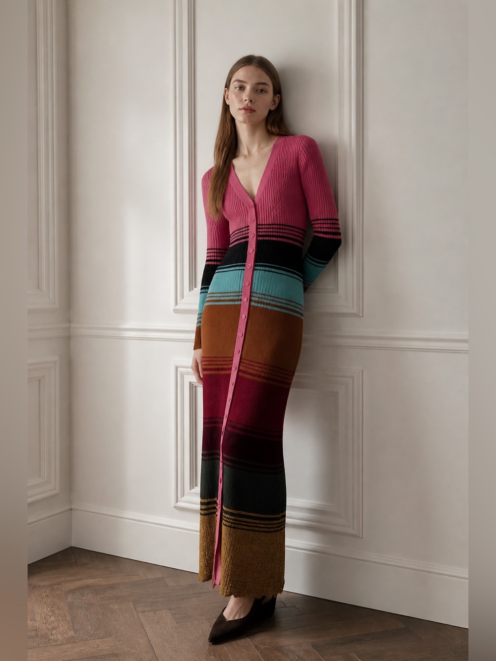 STAUD Shoko Sweater Dress XS Multicolor Striped Ribbed Button Front Cardigan